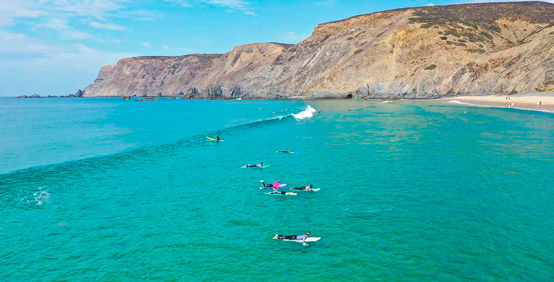 Sagres beach with surfers